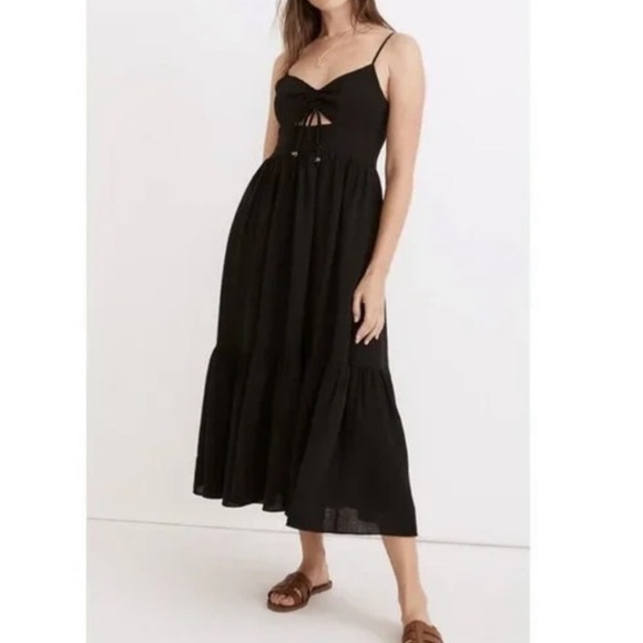 MADEWELL Ruched Keyhole Tiered Midi Dress Black - Picture 3 of 8